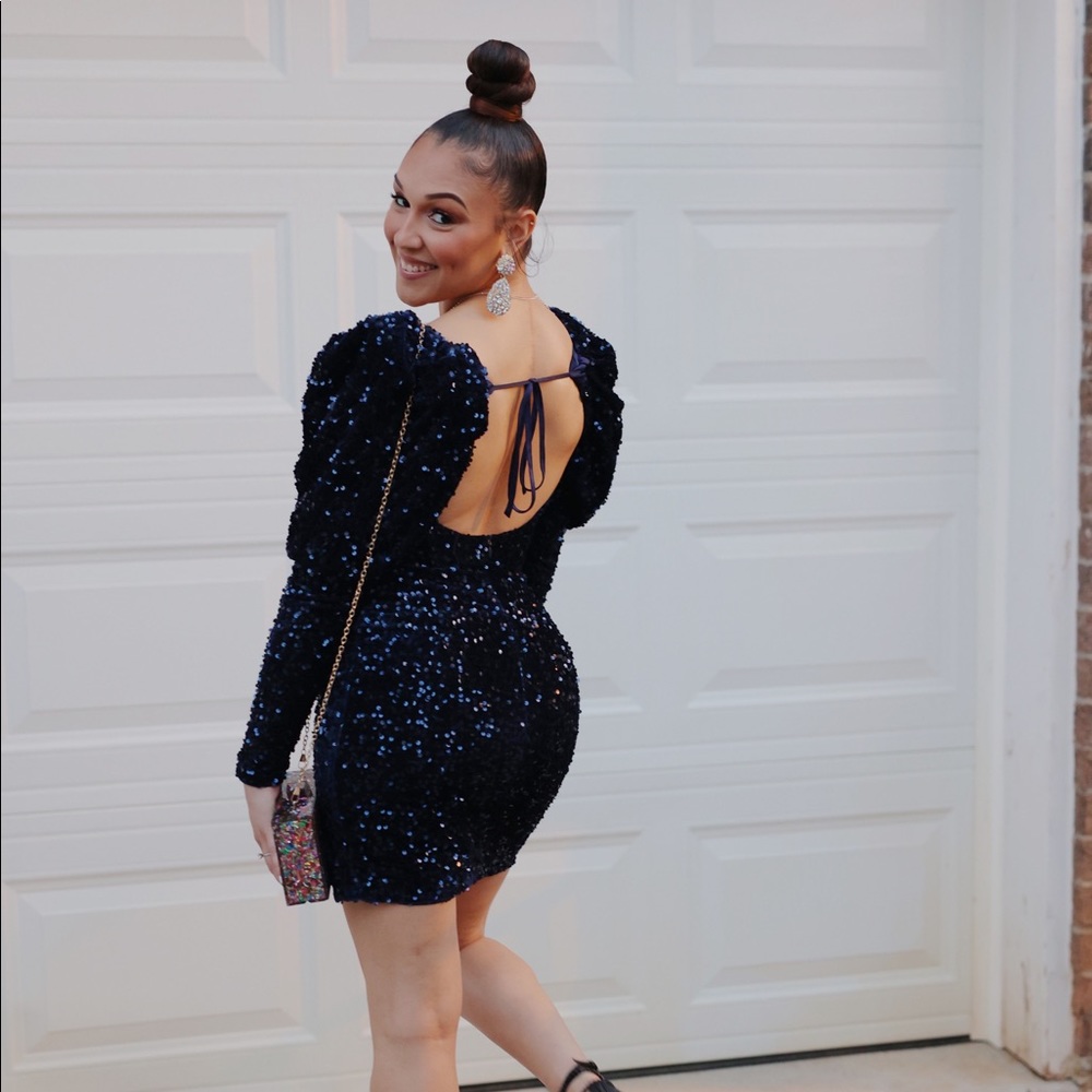 Club L London shine bright navy sequins dress with puff sleeves